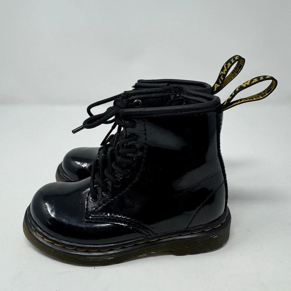 Kids Dr Martens‎ 1460 T Black Patent Leather Combat Boots Side Zip Size 8 US